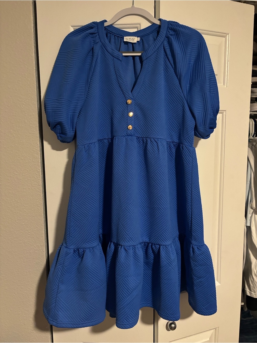 New Without Tags.. Textured Cobalt Blue Mid Length Dress with Puff Sleeves.